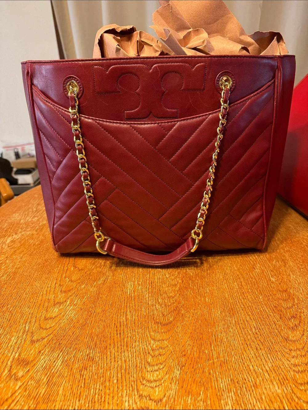 Tory Burch Burgundy Quilted Chevron Tote with Gold Chain Handles